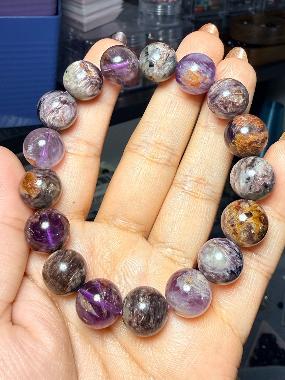 12mm Charoite & Super Seven Gemstone Bracelet
